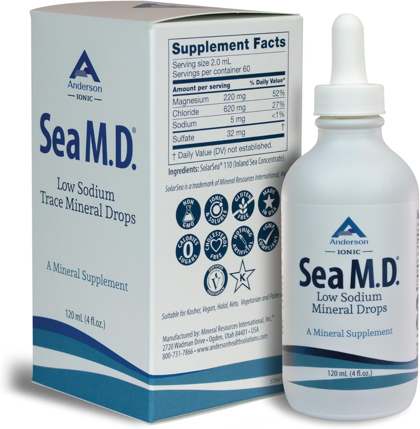 Anderson Sea M.D. Concentrated Trace Mineral Drops, Ionic Electrolyte Magnesium Supplement, Liquid Magnesium, Easy to Take, 4 fl oz, 60 Servings in Glass Bottle