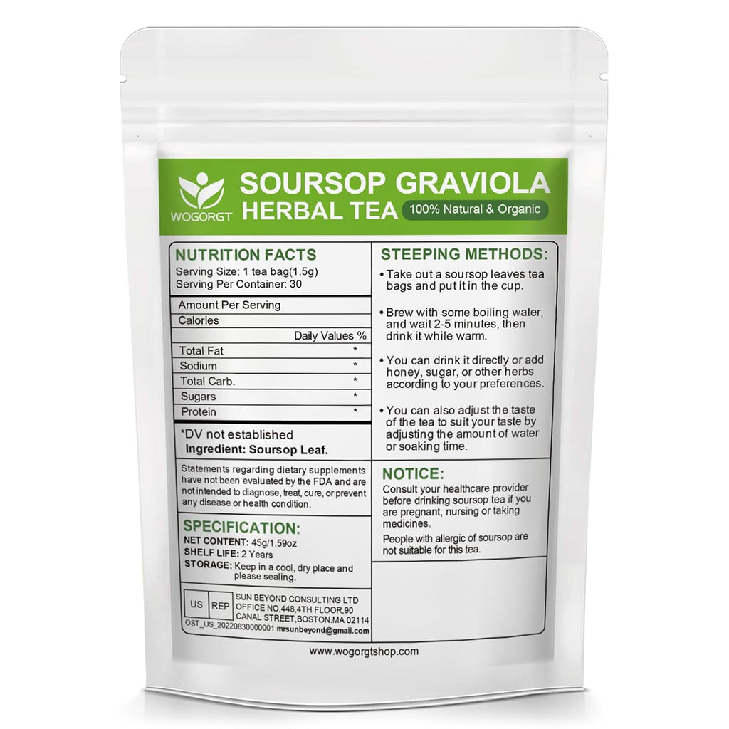 Organic Soursop Leaves Tea Bags - Soursop Graviola Leaves Herbal Tea bags for Immune Support, Antioxidant - Guanabana Leaves - Caffeine Free - 30 Tea Bags