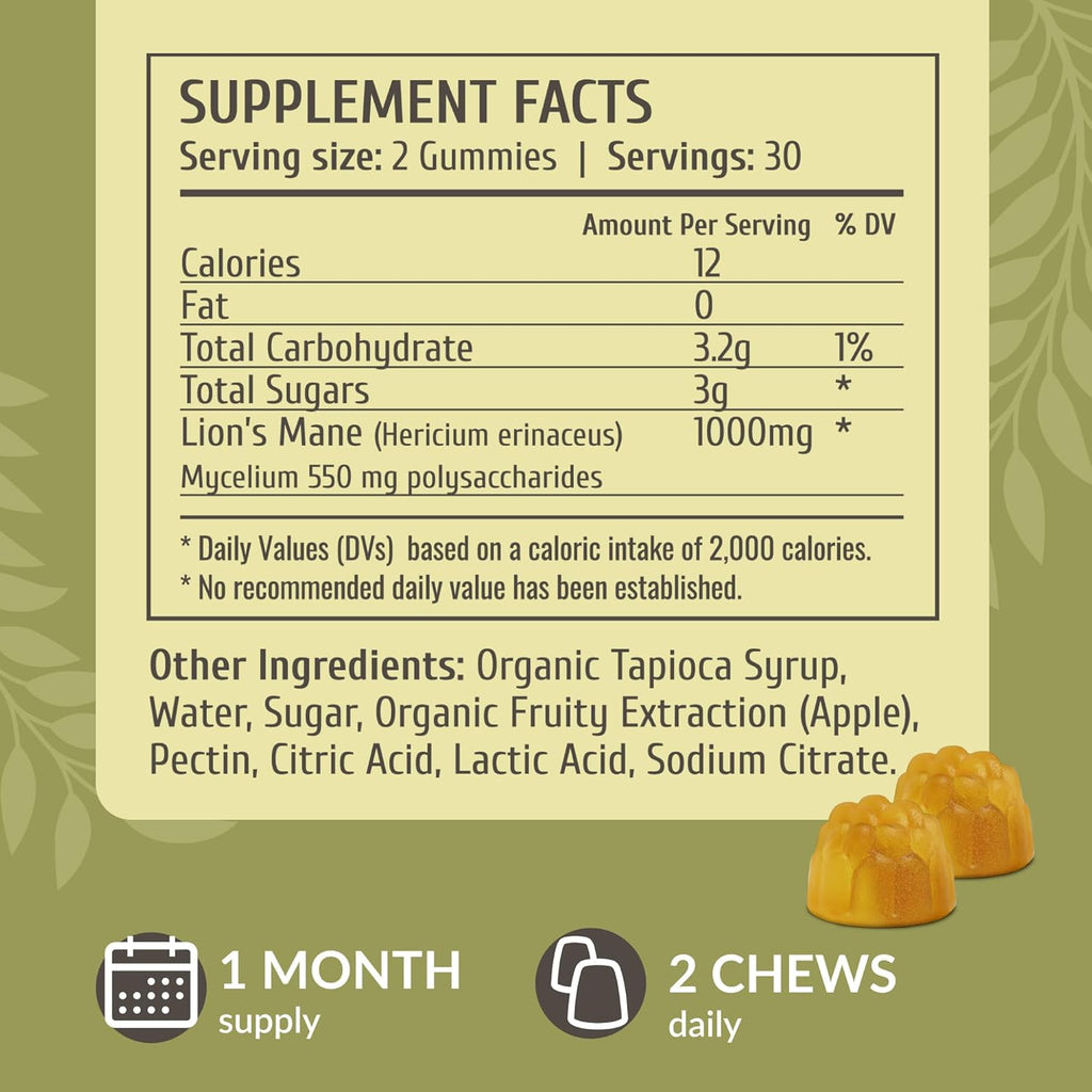 HERBAMAMA Lion's Mane Gummies - 1000mg Lion's Mane Mushroom for Brain Clarity Support - Vegan, Non-GMO Focus Supplement for Adults - 60 Pectin-Based Apple-Flavored Chews