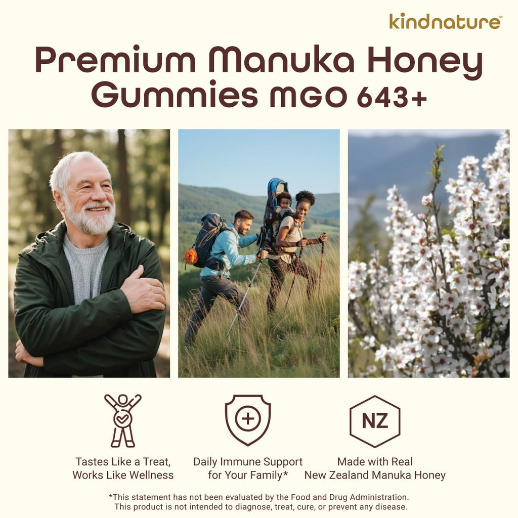KINDNATURE Manuka Honey Medical Grade Gummies with MGO 643+ | New Zealand Manuka Honey with Zinc, Vitamin C, Elderberry – Immune & Throat Support Supplement | Kids Immune Support