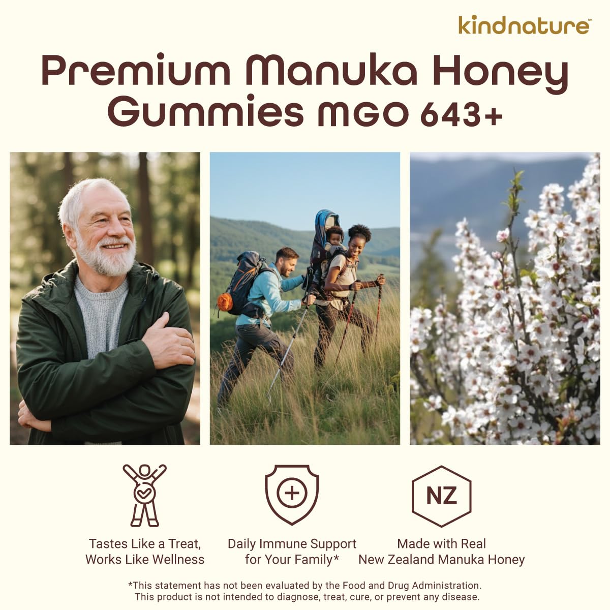 KINDNATURE Manuka Honey Medical Grade Gummies with MGO 643+ | New Zealand Manuka Honey with Zinc, Vitamin C, Elderberry – Immune & Throat Support Supplement | Kids Immune Support
