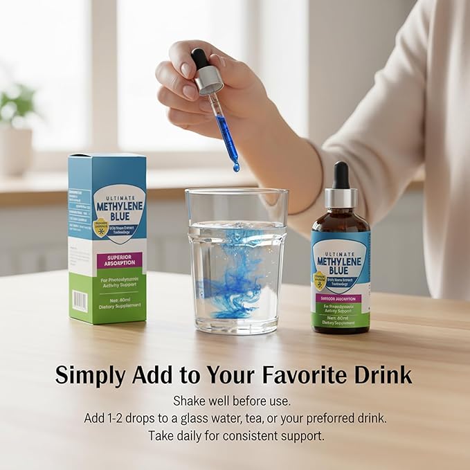 Methylene Blue Pharmaceutical Grade, 2 Fl oz Methylene Blue Drops, Supports Brain Health, Focus, Increased Absorption, Liquid Formula with Dropper, No Formaldehyde & GMO