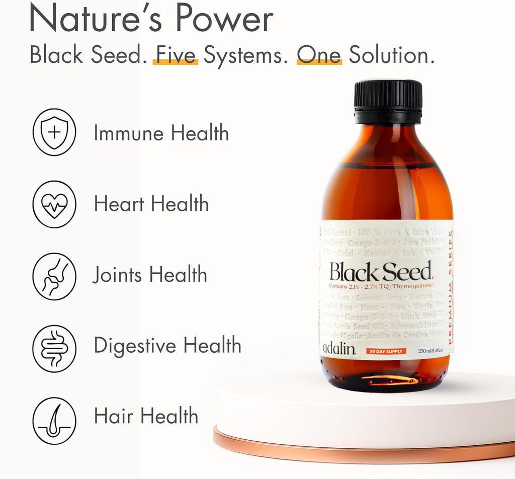 adalin Black Seed Oil Liquid 25.2 fl oz | Nigella Sativa Seed Oil | High Thymoquinone | Cold Pressed | Glass Bottle | Blackseed | Vegan | Gluten Free