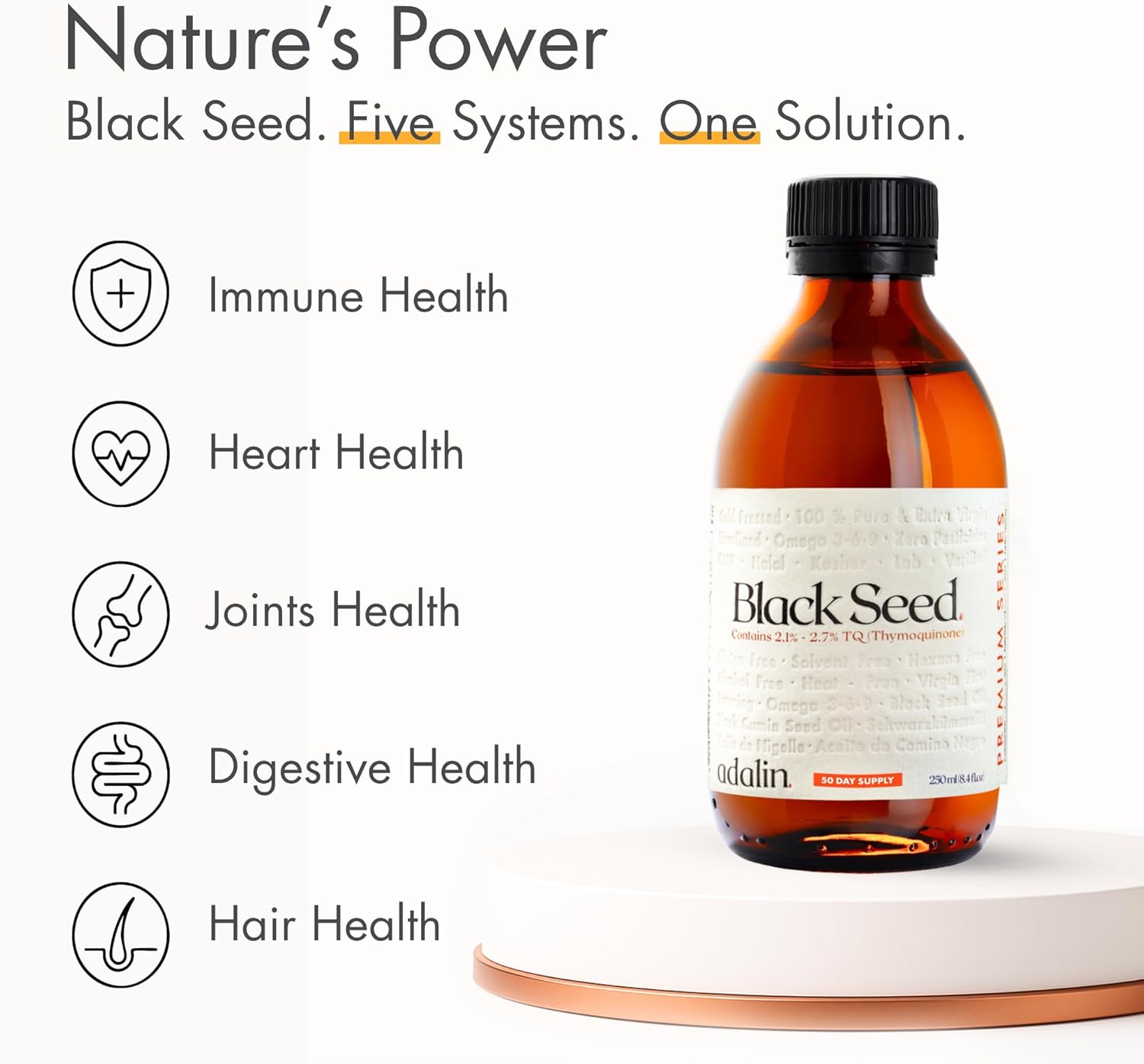 adalin Black Seed Oil Liquid 8.4 fl oz | Nigella Sativa Seed Oil | High Thymoquinone | Cold Pressed | Glass Bottle | Blackseed | Vegan | Gluten Free