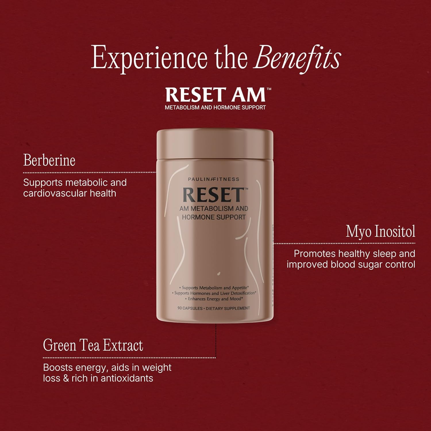 Paulina FITNESS Reset AM Metabolism and Hormone Support Supplement | Appetite Regulation, Metabolism Support, Enhanced Energy and Mood, Hormones | for Holistic Wellness | 90 Capsules
