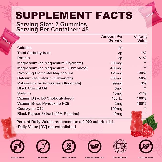 Magnesium Glycinate Gummies 600mg, High Absorption Magnesium Supplement, Sugar Free Chewables Gummies with L-Threonate, VitaminD & B6, CQ10 for Adults & Kids, Relax, Muscle & Zzz Support