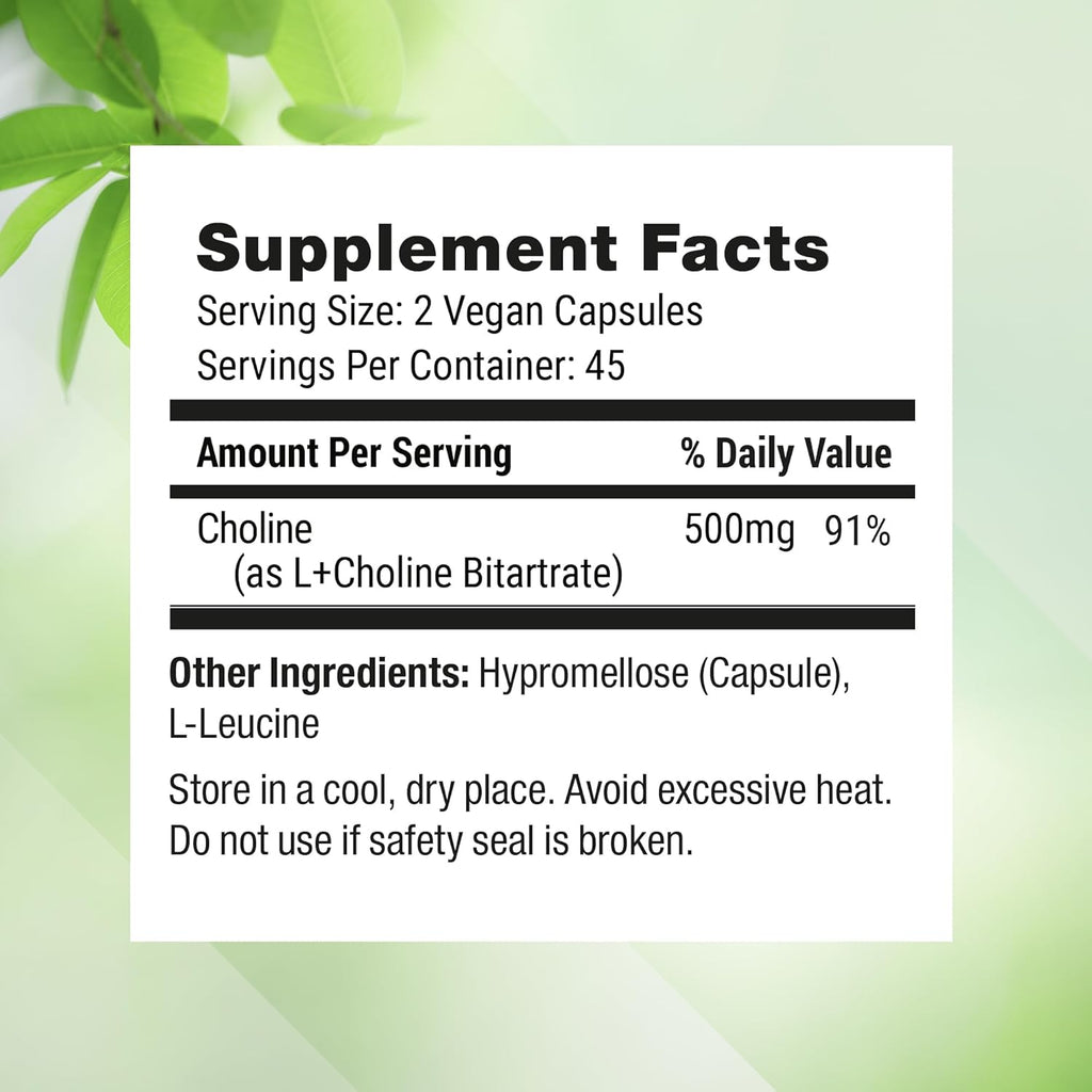 Nested Naturals Choline Bitartrate 500mg - High Potency Choline Supplements - Supports Maternal & Fetal Health During Pregnancy* - 100% Vegan & Non-GMO - 2-Pack (180 Vegan Capsules)