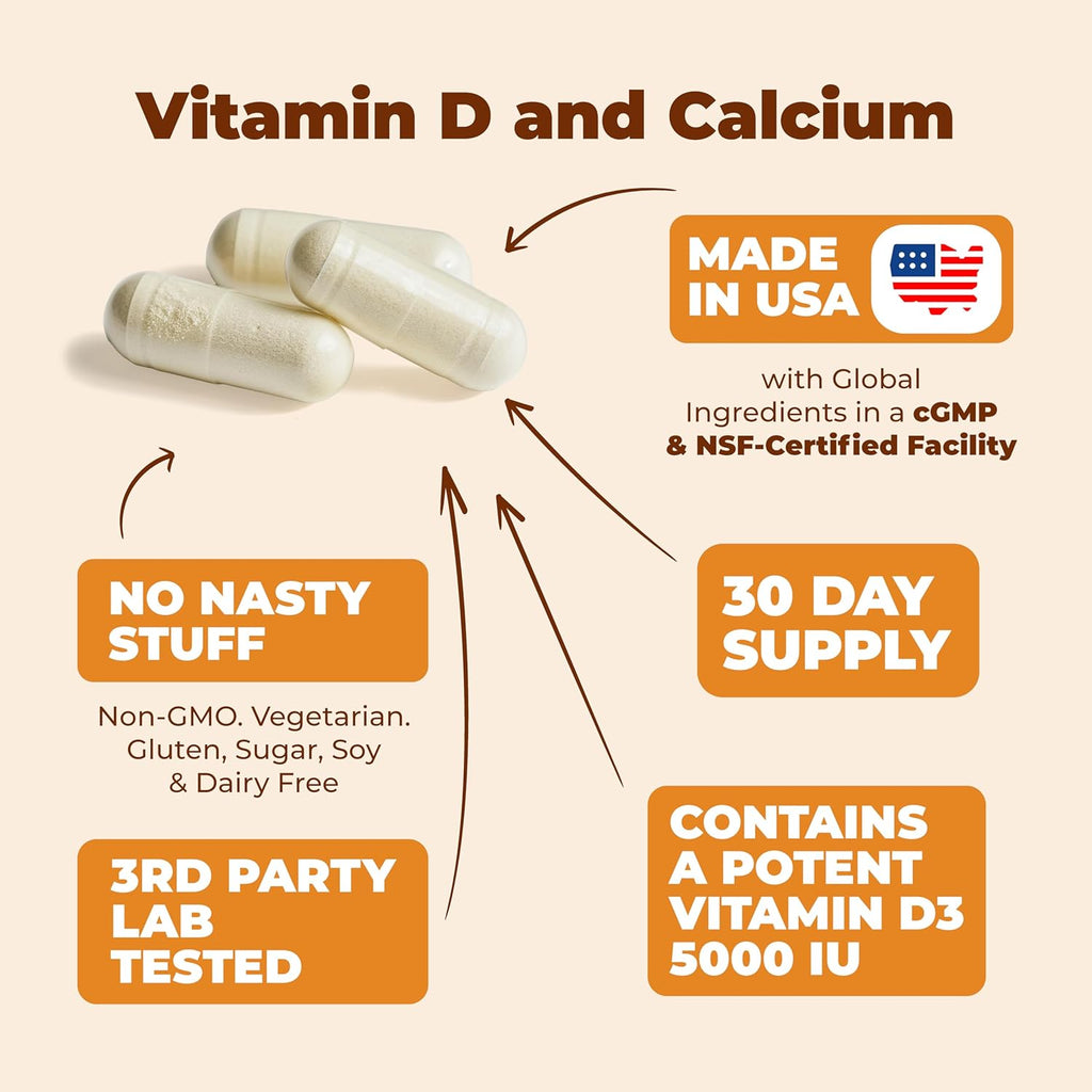Vitamin D3 K2 & Calcium Supplement with BioPerine for Immune & Bone Health - Vitamin K2 as MK7 + Calcium + Vit D3 5000 IU. 4 in 1 Support for Strong Bones, Teeth and Heart Health. Non-GMO. 60 Capsules