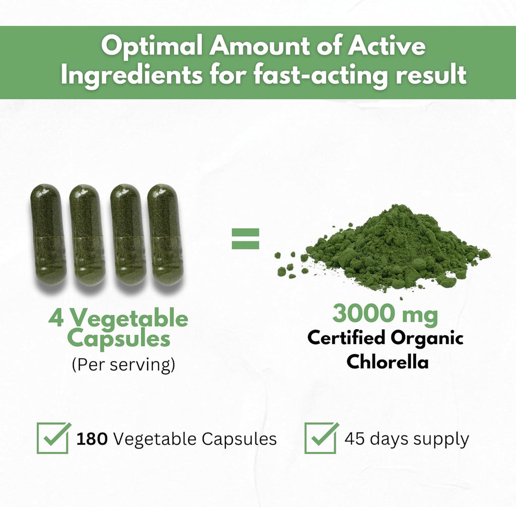 Chlorella Capsules Organic 3000 mg - Cracked Cell Wall Blue Green Algae Supplement - Best Natural Detox Cleanse - Plant Vitamins Minerals Chlorophyll Vegan Protein Powder Pills - Made in USA