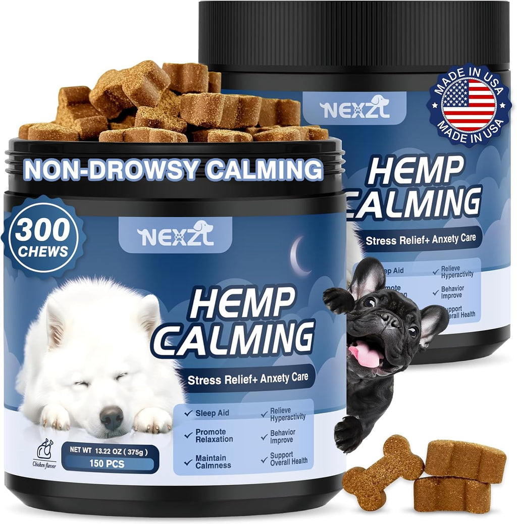 Hemp Calming Chews for Dogs 300ct with Melatonin-Stress & Anxiety Relief Sleep Aid Treats for Small/Medium/Large Dogs- Fireworks, Thunder, Barking, Separation Vet Approved Made in USA Chicken Flavor