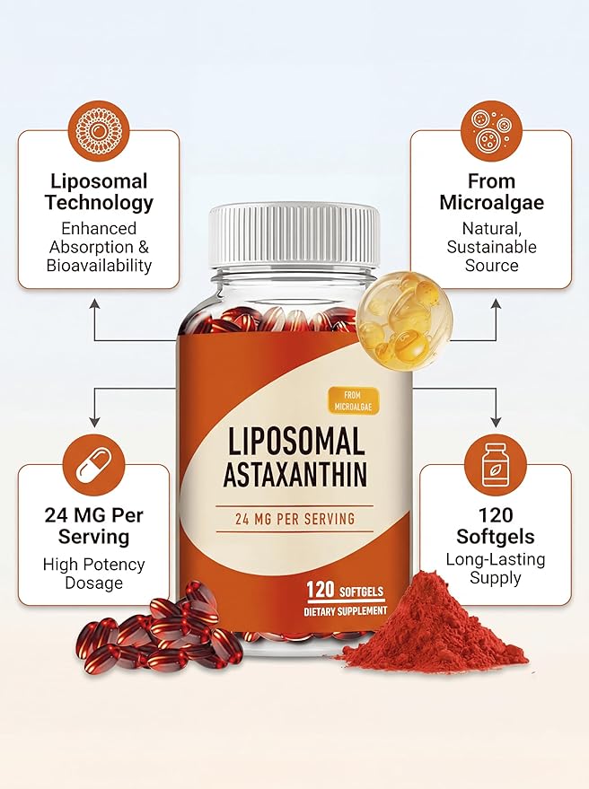 NAO Liposomal Astaxanthin 24mg Supplement – 120 Softgels – with Phosphatidylcholine for Absorption – Supports Skin Health, Visual Performance & Cellular Health – Non-GMO, Vegan