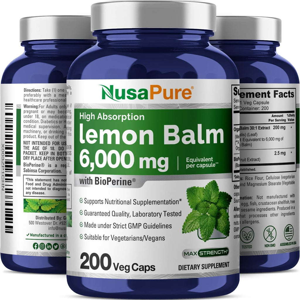 NusaPure Lemon Balm 30:1 Extract, 200 mg Equivalent to 6000mg Per Vegan Caps - 200 Count Non-GMO, Vegan Bioperine