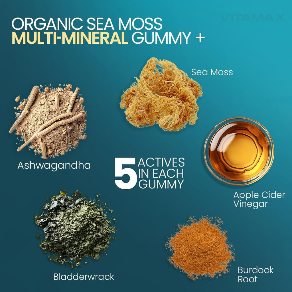 Irish Sea Moss Gummies, Sea Moss, Bladderwrack, Ashwagandha, Burdock Root, ACV - Multi-Mineral - Non-GMO and Vegan – Made in USA – 60ct