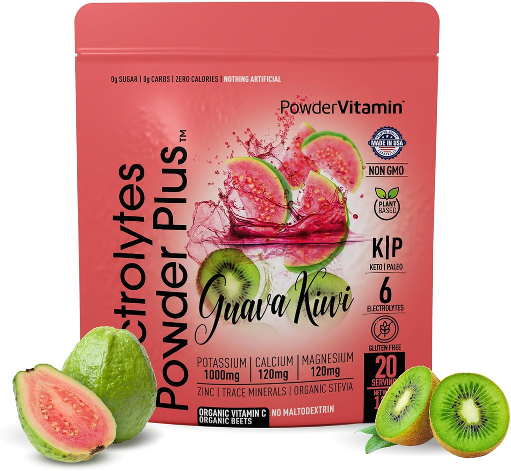 PowderVitamin Electrolytes Powder Plus (20 Servings) Guava Kiwi Electrolyte Powder Zero Calorie Keto,0 Sugar, No Maltodextrin,1000mg Potassium,120mg Calcium,120mg Magnesium, Pink Himalayan Salt