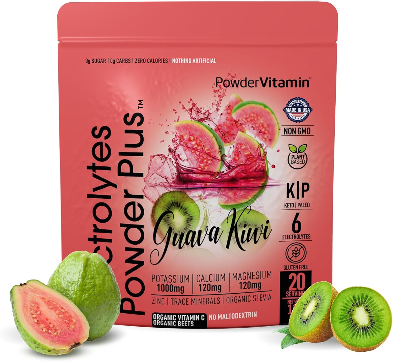 PowderVitamin Electrolytes Powder Plus (20 Servings) Guava Kiwi Electrolyte Powder Zero Calorie Keto,0 Sugar, No Maltodextrin,1000mg Potassium,120mg Calcium,120mg Magnesium, Pink Himalayan Salt