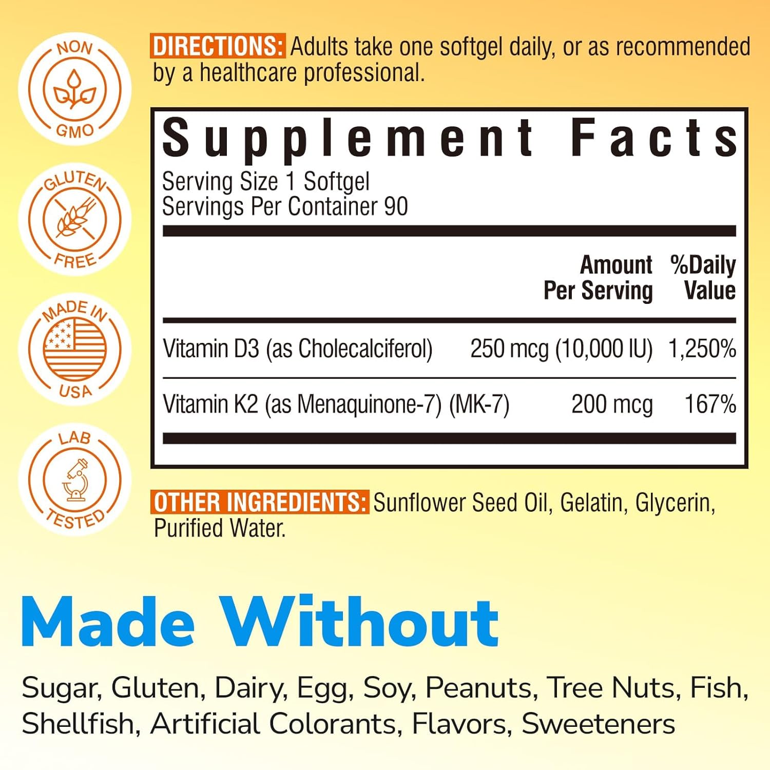 Vitamin D3 K2 Supplement, 10000 IU D3 / 200 mcg K2 MK7, Calcium Absorption, Bone, Heart, Immune & Mood Support, Enhanced Absorption, No Soy, Easy to Swallow, 90 Softgels