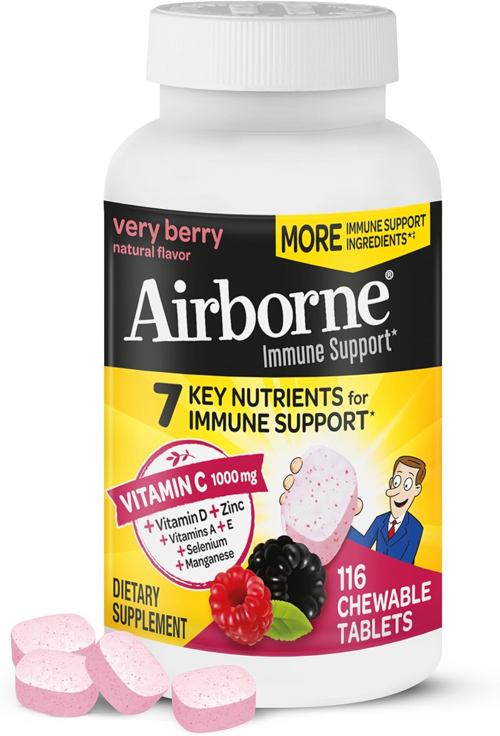 Airborne Vitamin C 1000mg (per Serving) - Very Berry Chewable Tablets (116 Count in a Bottle), Gluten-Free Immune Support Supplement, with Vitamins A C E, Zinc, Selenium, Ginger, Antioxidants