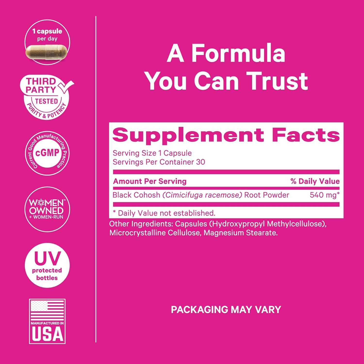 Pink Stork Black Cohosh Supplements for Women - 540 mg Pure Black Cohosh for Perimenopause, Menopause Support- 30 Capsules