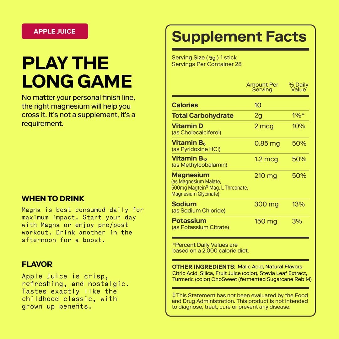 MAGNA Electrolytes Powder Drink Mix for Hydration, Energy & Focus Support with Magnesium L Threonate, Malate & Glycinate, Sodium, Potassium, Vitamin D, B6 & B12, Apple Juice Flavor, 28 Servings