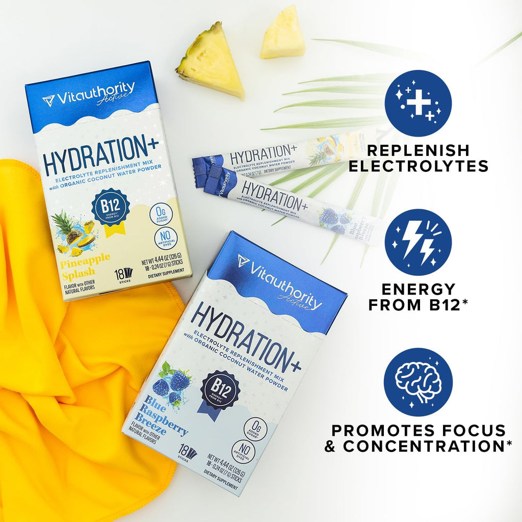Hydration Electrolyte Powder Packets Blend Magnesium, Calcium, Sodium Potassium | Coconut Water + Vitamin C & B12 | Sugar-Free, Vegan, Non-GMO, Energy & Immune Support | 18 Servings Pineapple Flavored