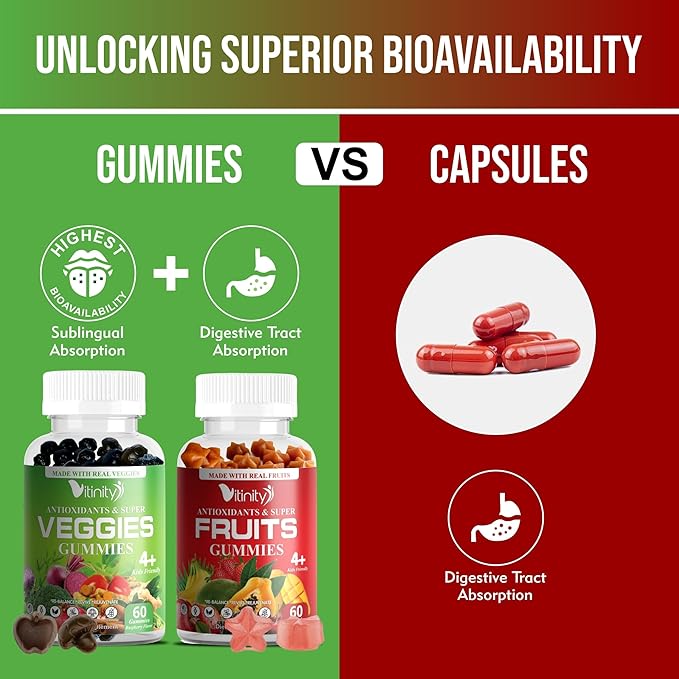 VITINITY Made with Real Fruit and Real Veggie Gummies - Superfood Vegetable Vitamin Supplement for Women,Men & Kids - with a Blend of Fruit and Greens for Daily Health (60-Day Supply)