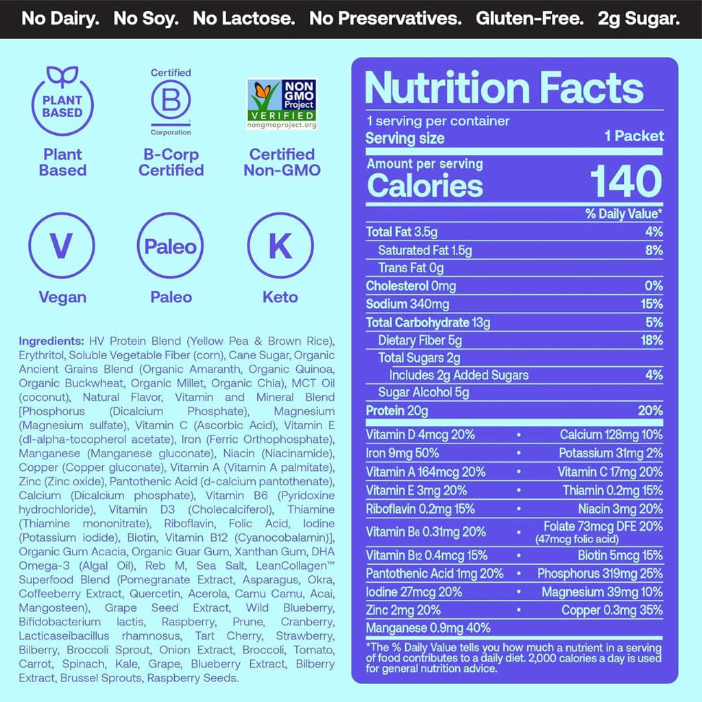 Happy Viking Vanilla Bean Plant Protein Powder, Created by Venus Williams, 20G Protein, Low Carb, Keto, Vegan, Gluten-Free, Non-GMO, Superfoods, Complete Meal Replacement, 8 Single Serve Packs