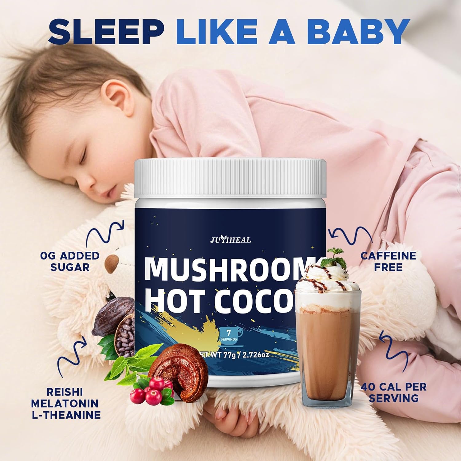 JUYIHEAL Mushroom Hot Cocoa with Melatonin, Reishi, Glycine, Cacao, L-Theanine, Chicory for Calm and Relax Support, Sleep Hot Cocoa Supplement ((7 Servings)