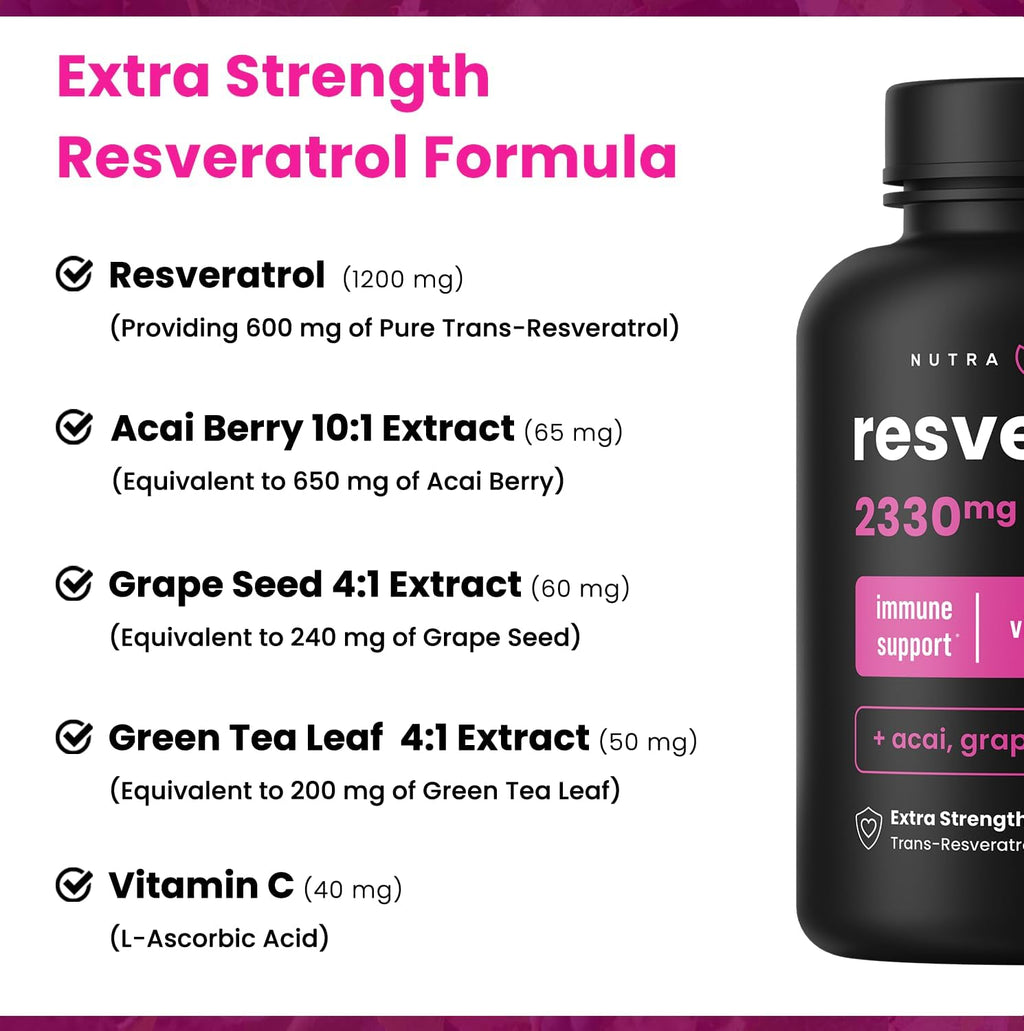 NutraChamps Resveratrol Supplement, Extra Strength Formula for Healthy Aging, Immune Support, 60 Vegan Capsules with Trans-Resveratrol, Green Tea Leaf, Acai Berry & Grape Seed Extract