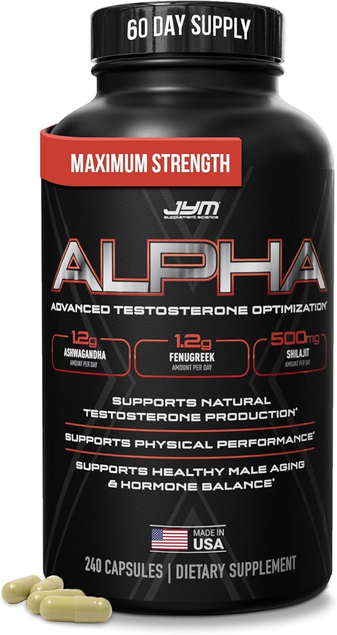 Alpha JYM X Advanced Hormone Optimization, Vitality, Optimization, DHEA, Ashwagandha, Boron, Shilajit, Fenugreek, Eurycoma, Damiana, Quercetin, DIM, JYM Supplemental Science, 240 Capsules