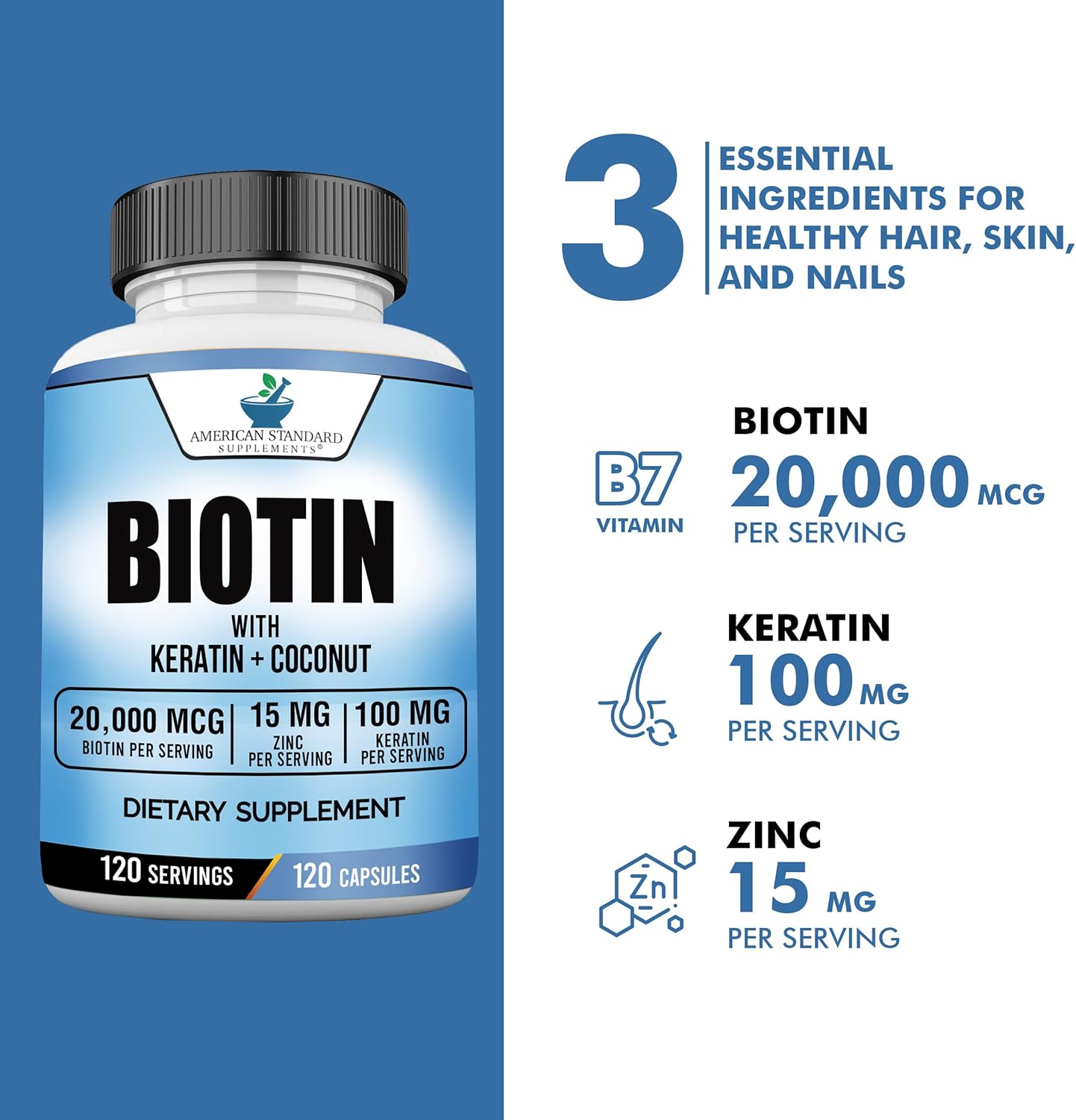 Biotin 20,000mcg with Keratin, Coconut Powder and Zinc, Hair Growth Supplements, Biotin Supplements, Healthy Hair Skin & Nails for Adults,120 Veggie Capsules, 120 Day Supply