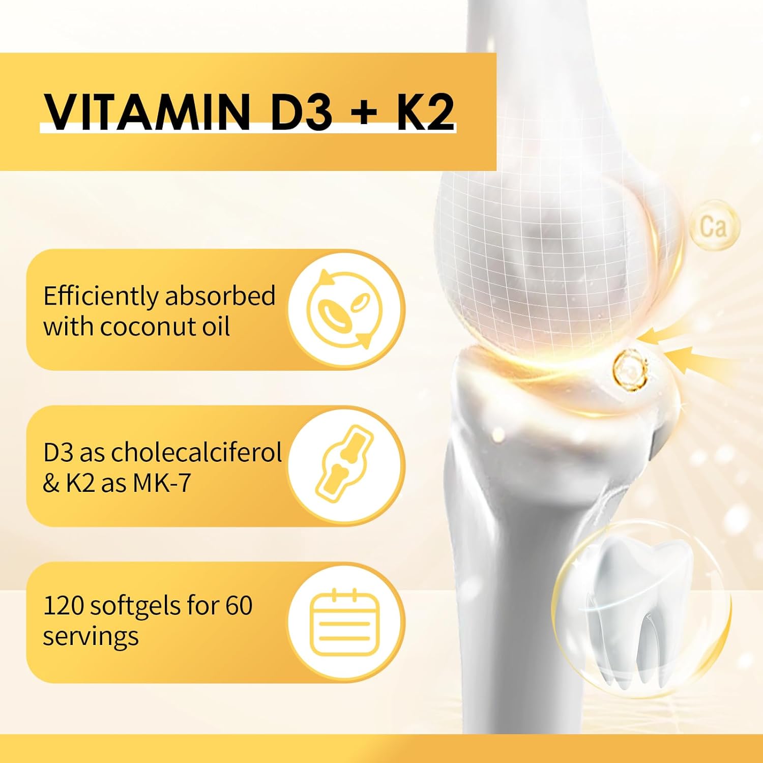 Vitamin D3 K2 Supplement with Vitamin D3 5000 IU, 200 mcg Vitamin K2 MK-7 & Natural Coconut Oil, Plant Based 2-1 Formula for Bone, Teeth, Muscle and Immune Health Support,120 Softgel Capsules