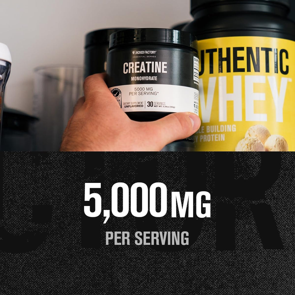 Jacked Factory Creatine Monohydrate Powder 150g - 5g Daily Creatine Supplement for Men and Women, Vegan-Friendly, Third-Party Tested - 30 Servings, Unflavored