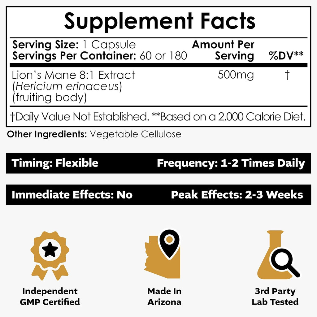 Nootropics Depot Lions Mane Mushroom Capsules | 8:1 Whole Fruiting Body Dual Extract | 500mg | 60 Count | Hericium erinaceus