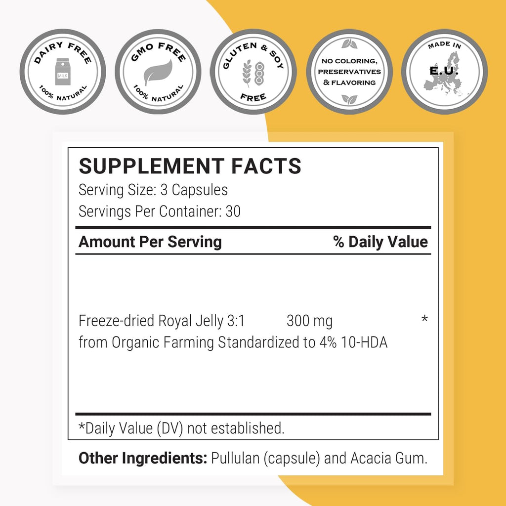 Supersmart - Organic Royal Jelly 300mg per Day (High Strength 4% 10-HDA) - Freeze-Dried Fresh Royal Jelly Supplement | Non-GMO & Gluten Free - 90 Vegetarian Capsules