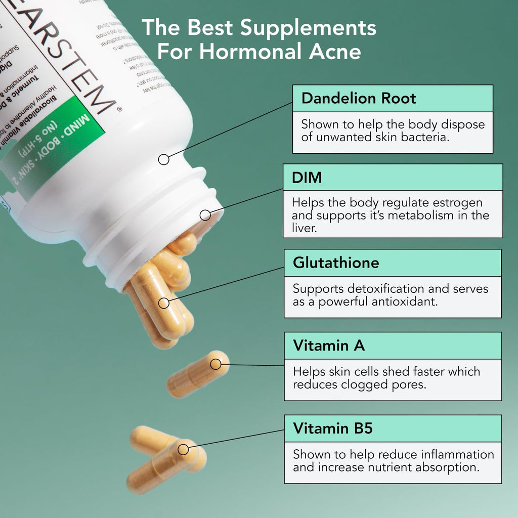 CLEARSTEM - MINDBODYSKIN Hormonal Acne Supplement (No 5-HTP) - Natural DIM Supplement - Skin Care Vitamins - Hormone Balance, Antioxidants - Gluten Free, Cruelty Free - 30 Servings, 90 Capsules