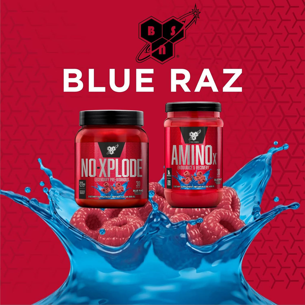 BSN Workout Bundle of NO XPLODE Pre Workout Powder Blue Raz, 30 Servings AMINO X Muscle Recovery Intra Workout Support, Caffeine Free Blue Raz, 30 Servings
