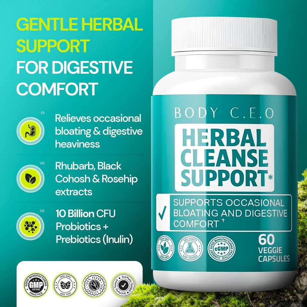 Herbal Cleanse Support - Botanicals & 11-Strain Probiotic Blend - Supports Digestion, Bowel Movements, Gut Balance & Regularity - 60 Veggie Capsules