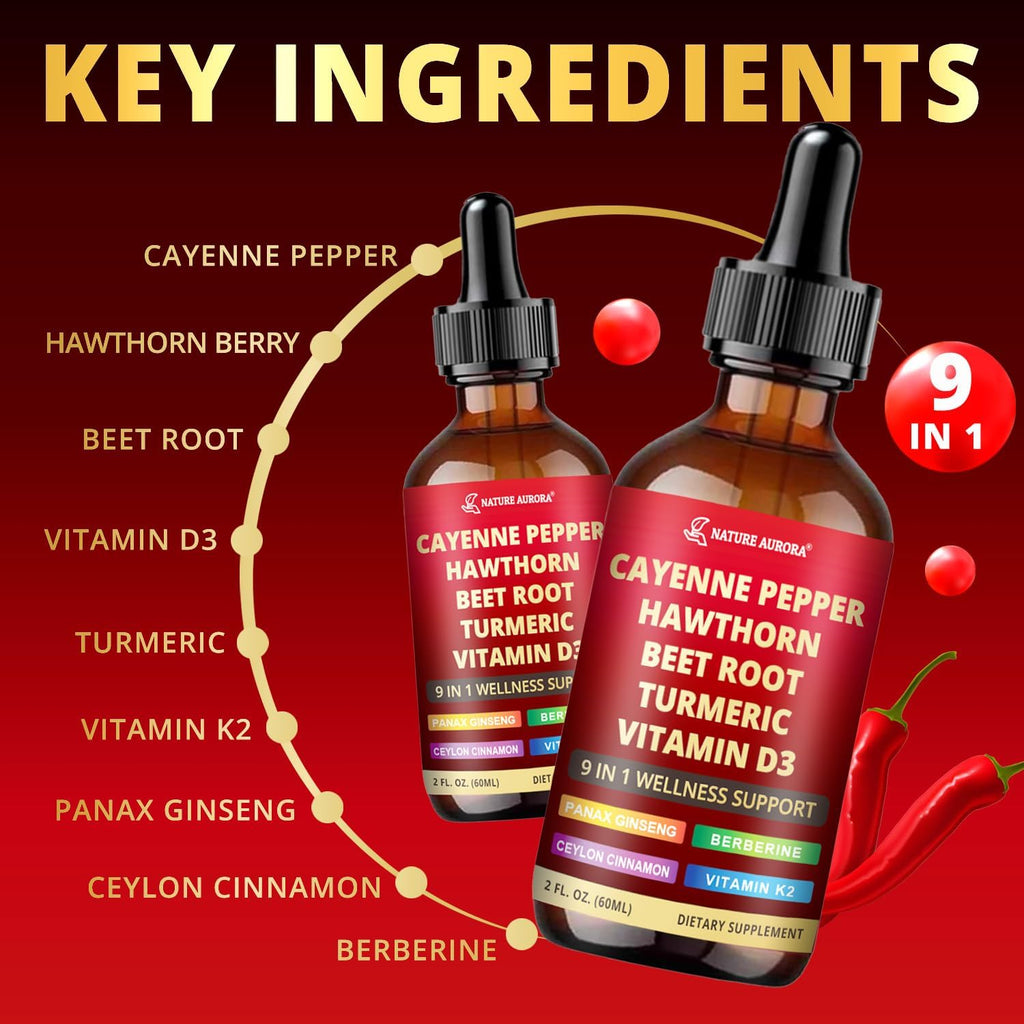 9 in1 Cayenne Pepper Liquid Drops - Cayenne Pepper Extract Drops Supplement Liquid + Hawthorn Berry, Beetroot, Turmeric, Vitamin K2 & D3 - Digestion, Immune and Circulation Support - 2 Fl Oz