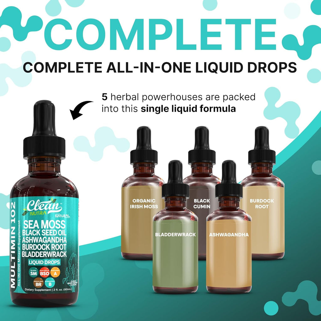 Clean Nutraceuticals Sea Moss Drops Supplement Liquid with Black Seed Oil Ashwagandha Burdock Root & Bladderwrack - Multimineral Organic Non-GMO Vegan for Gut Heath Skin Immune Support Hair (2)