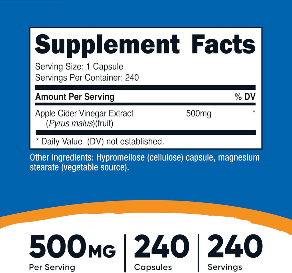 Nutricost Apple Cider Vinegar 500mg, 240 Vegetarian Capsules - Natural, Non-GMO, and Gluten Free (3 Bottles)