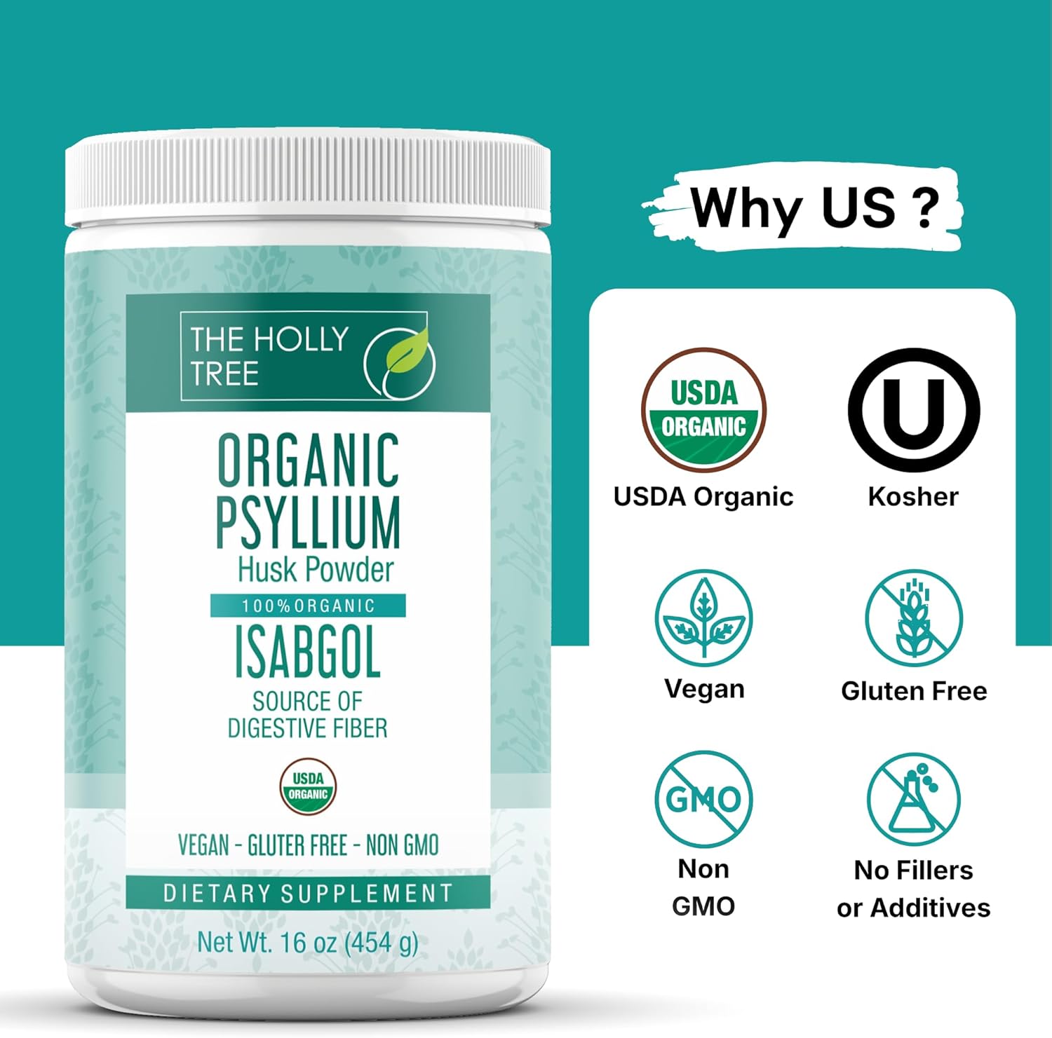 Organic Psyllium Husk Powder 16 oz - Psyllium Husk Powder Organic for Gut Cleanse & Regularity - Premium Fiber Supplement - Vegan, Gluten-Free, Non-GMO, USDA Certified
