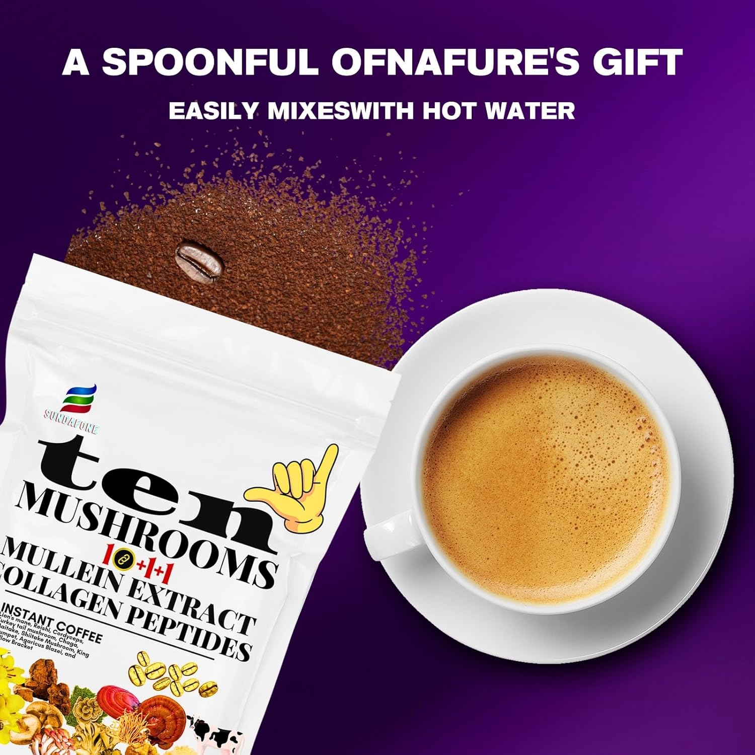 SUNDAFONE Mushroom Coffee with Grass-Fed Collagen, Mullein,Lion's Mane, Reishi and 10 Adaptogenic Mushrooms; Super Instant Cold Brew Protein Iced Coffee Blend; 0g of Sugar, Low Caffeine, 30 Servings
