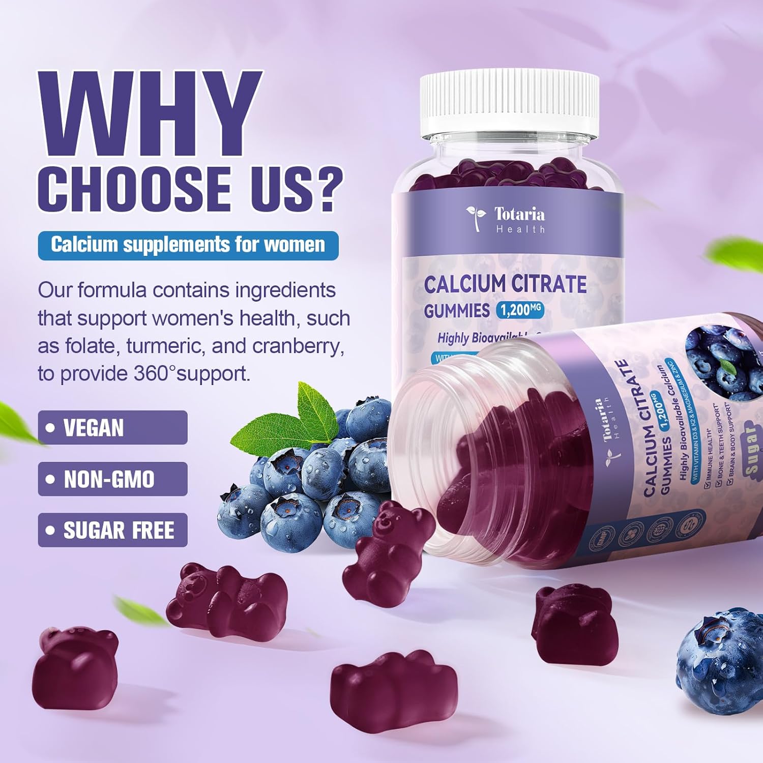 2 Pack Calcium Citrate Gummies 1200 mg - Calcium Supplements for Women with Vitamin D3 & K2,Magnesium,Zinc - Sugar Free Calcium Gummies for Bone & Teeth & Immune Support- Blueberry Flavor