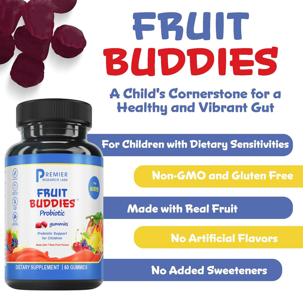 Premier Research Labs FruitBuddies Kids Probiotic Gummies - Probiotics for Kids, Toddler Probiotic Vitamin with Fiber for Digestive Health, Children's Gut Health, Immune Support - 60 Vegan Gummies