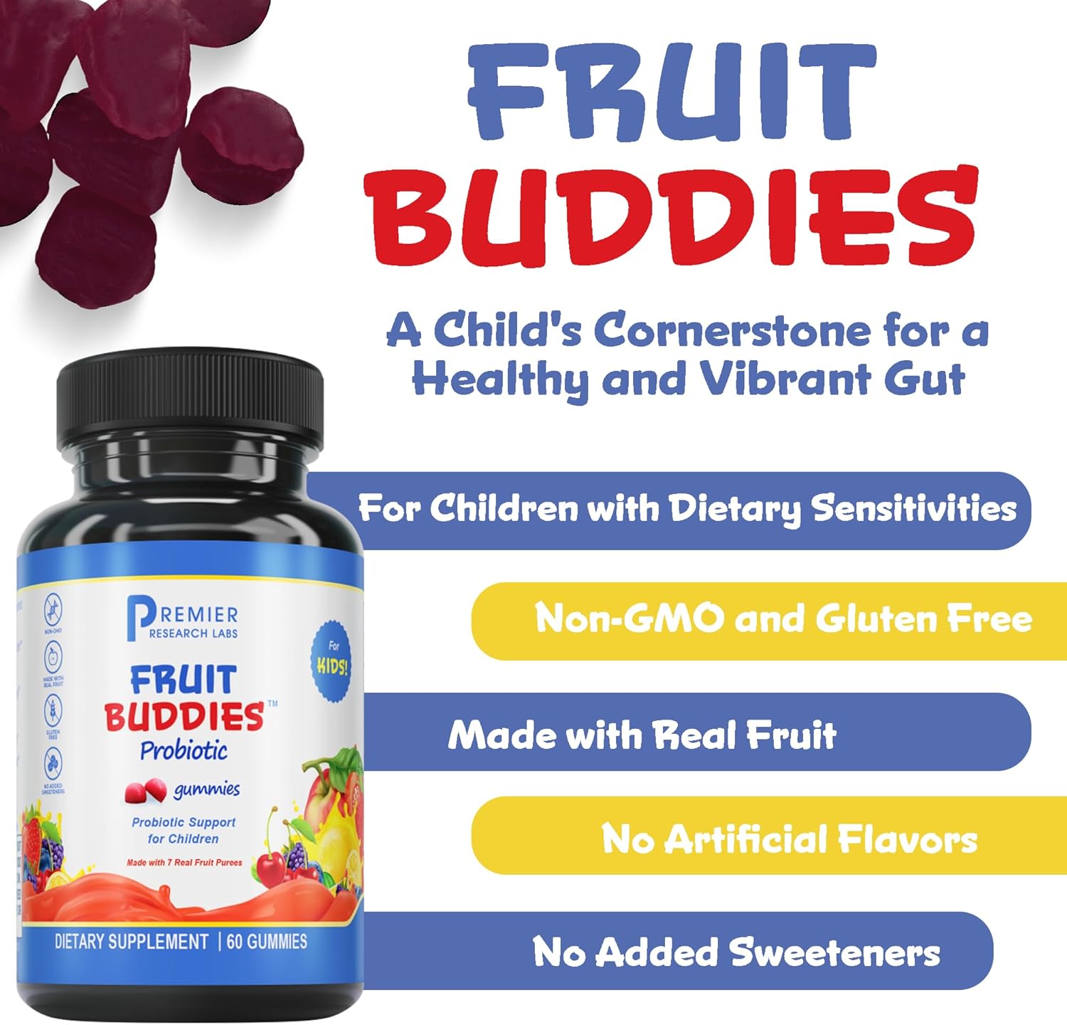 Premier Research Labs FruitBuddies Kids Probiotic Gummies - Probiotics for Kids, Toddler Probiotic Vitamin with Fiber for Digestive Health, Children's Gut Health, Immune Support - 60 Vegan Gummies