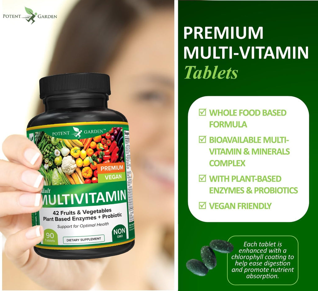 Potent Garden Adult Multivitamin for Women & Men, 42 Fruits & Vegetables Plus Probiotics, Supports Energy Metabolism & Immune System, Daily Multivitamin for Men & Women Non-GMO, 90 Tabs, 30 Servings