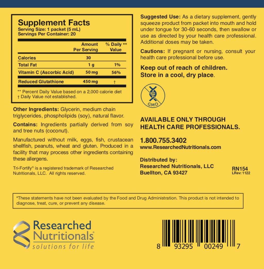 Researched Nutritionals Liposomal Glutathione (450mg) Liquid Gel + Vitamin C - Tri-Fortify - Aid Natural Energy, Immune Support & Detox - Clinically Researched for Absorption, Watermelon (20 Packets)