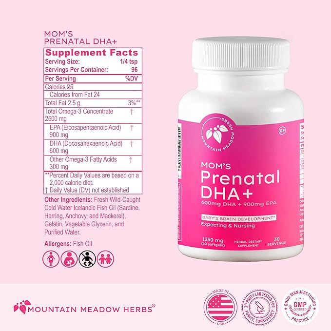 Mountain Meadow Herbs - Mom's Prenatal DHA+ Omega-3 Supplement for Pregnancy, Supports Fetal Brain, Eye & Heart Development, Essential Prenatal Nutrition for Mom & Baby Health, 60 ct