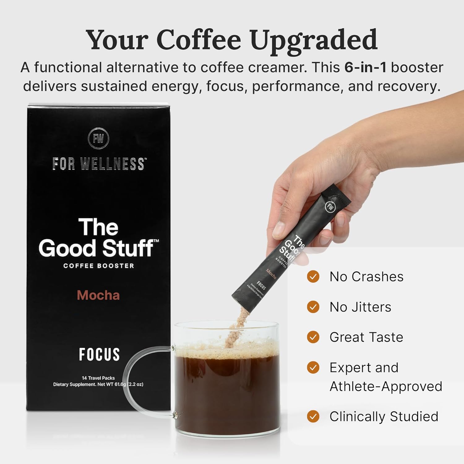 For Wellness The Good Stuff Focus – Mocha Coffee Booster | Nootropic Collagen Creamer with MCTs for Focus, Energy & Wellness | Non-Dairy, Keto-Friendly, 14 Servings