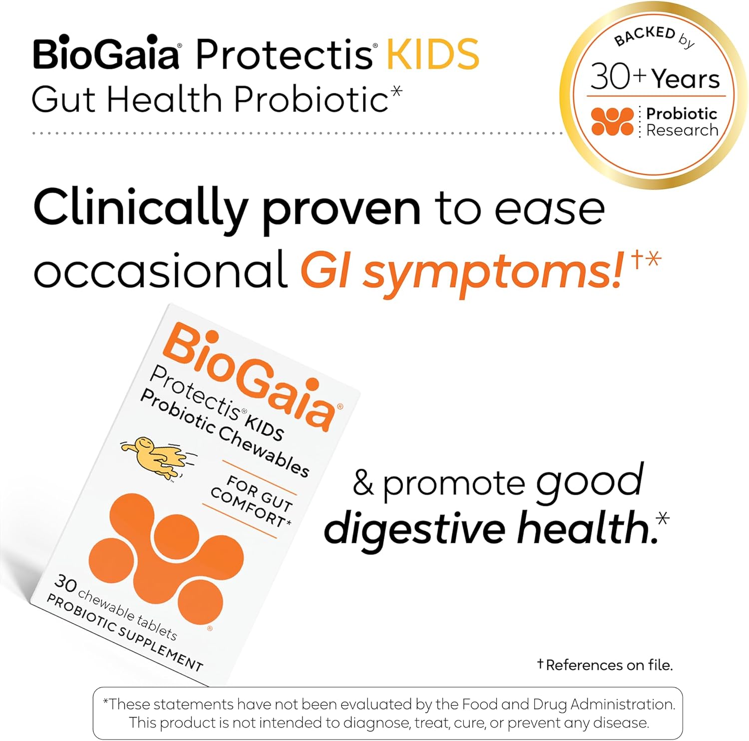 BioGaia Protectis Chewable Tablets for Toddlers, Kids, and Teens Occasional Stomach Pain, Constipation, Diarrhea, and Regularity, 30 Tablets, 2 Pack